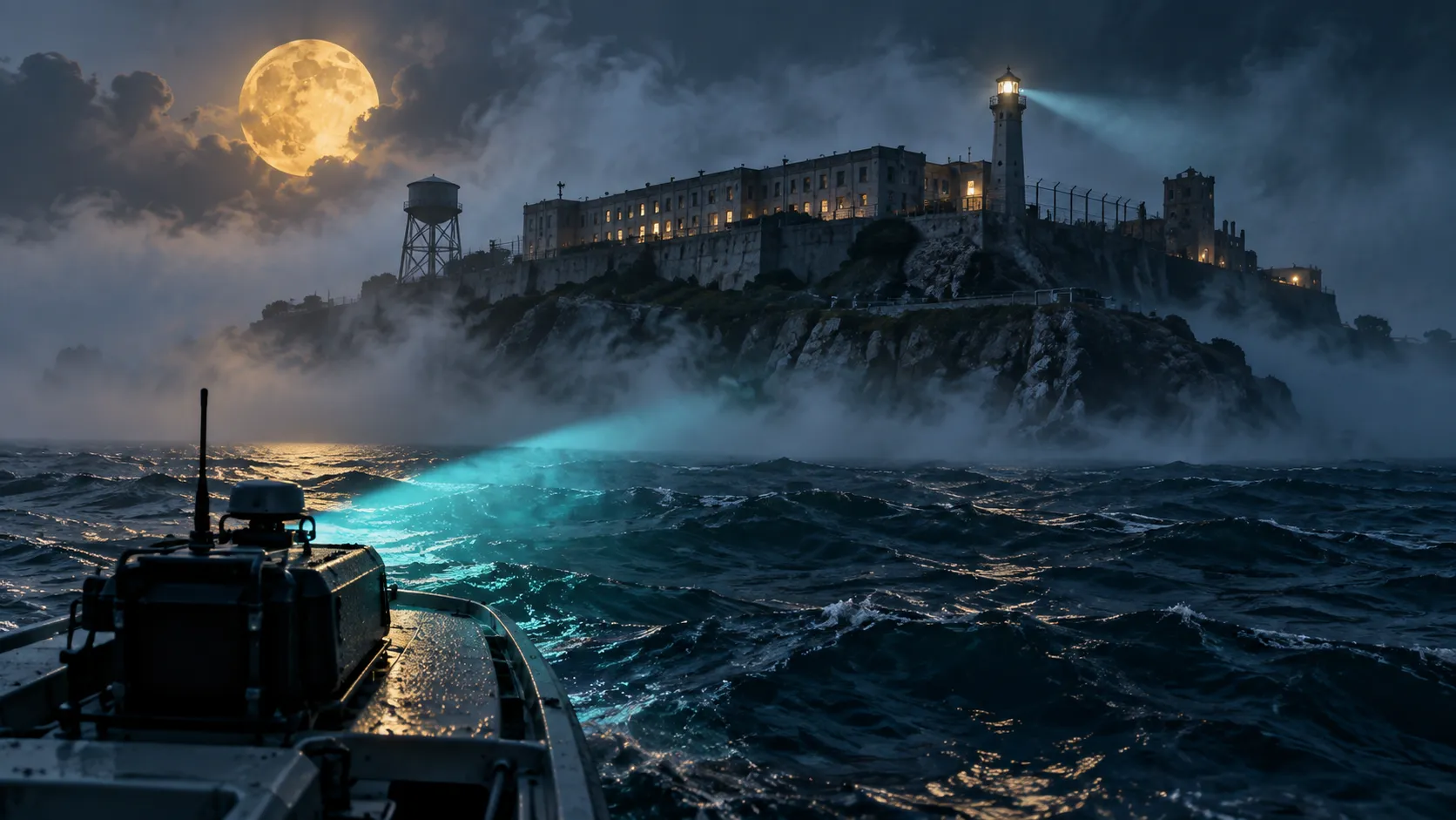 Island fortress in fog viewed from a survey boat