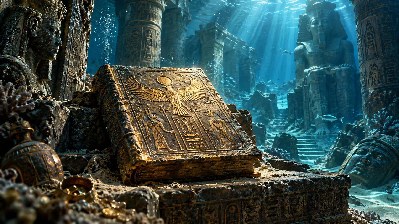 Ancient stone book in a submerged archaeological chamber