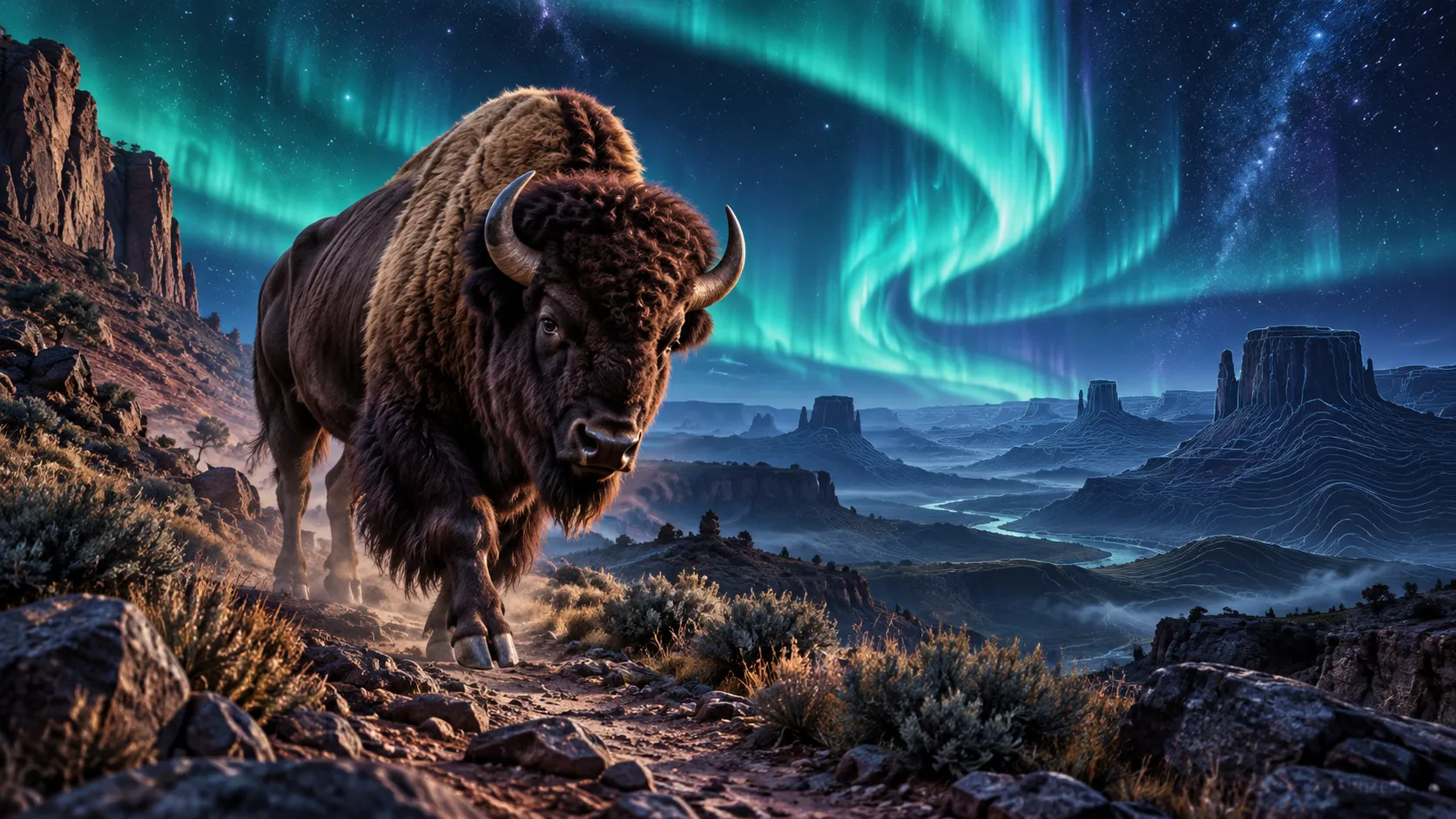 Buffalo crossing a desert trail beneath a turquoise aurora