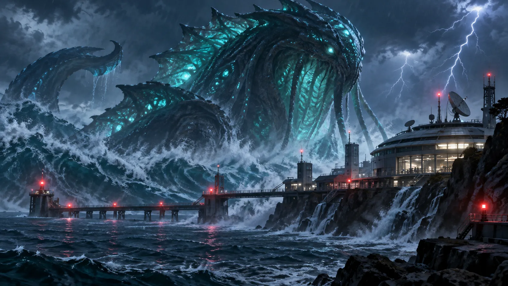 Sea creature rising near a coastal research station