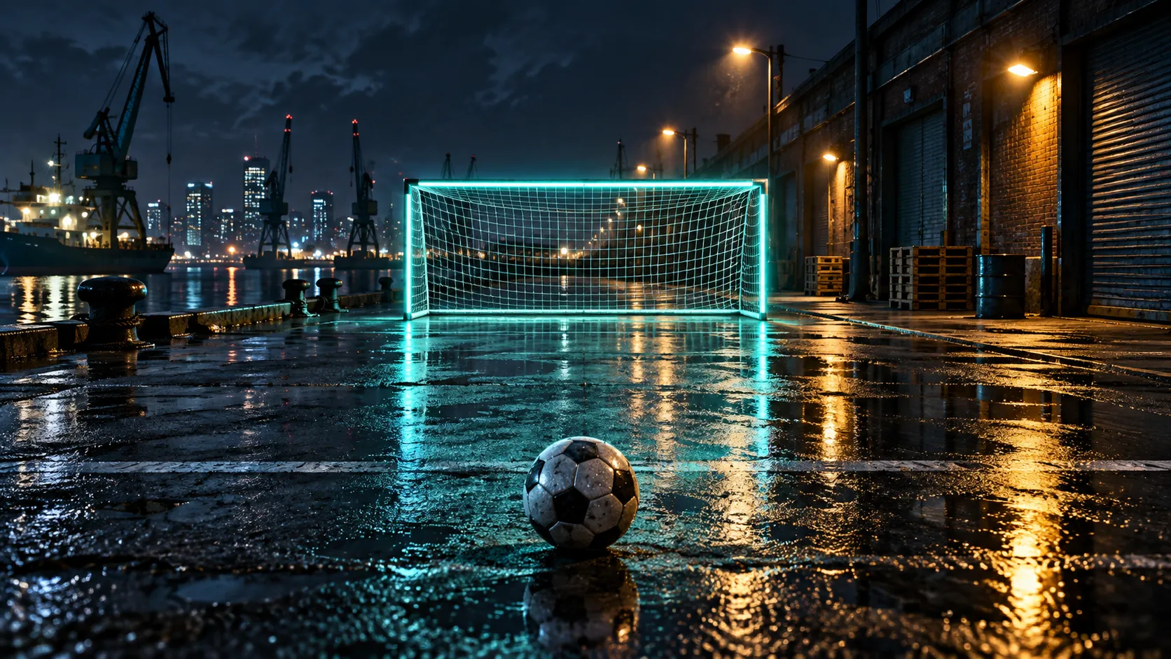 Night football penalty setup on a wet dockside street