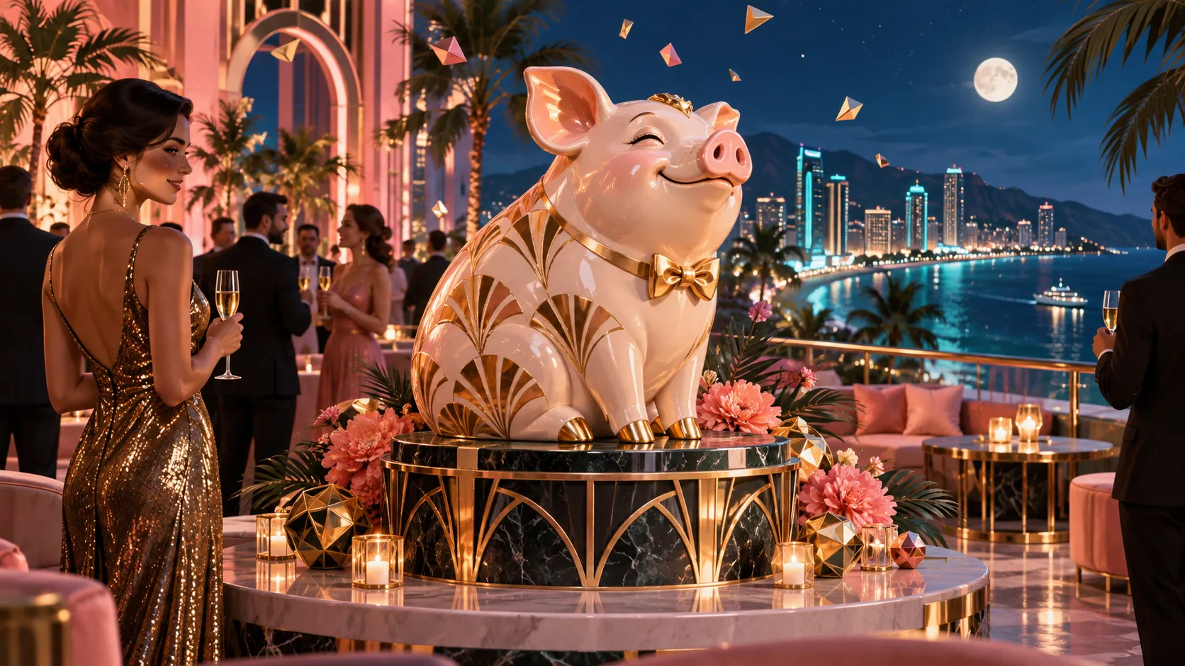 Porcelain pig at a refined rooftop party